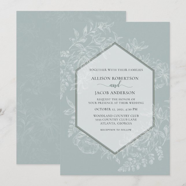 Soft Green Geometric Floral Tapestry Wedding Invitation (Front/Back)