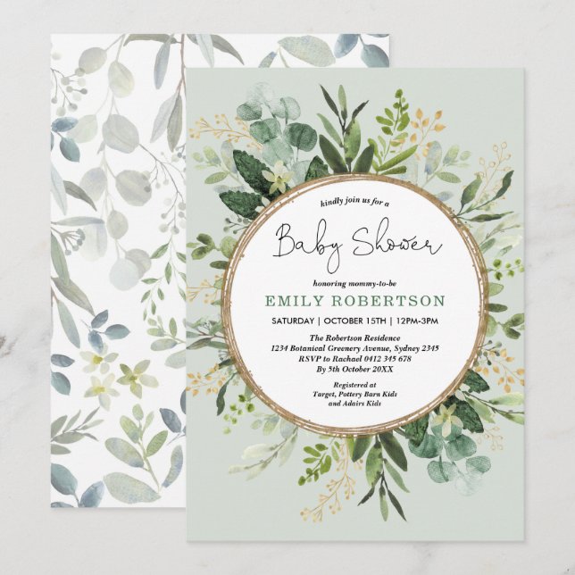 Soft Green Gold Botanical Greenery Baby Shower Invitation (Front/Back)