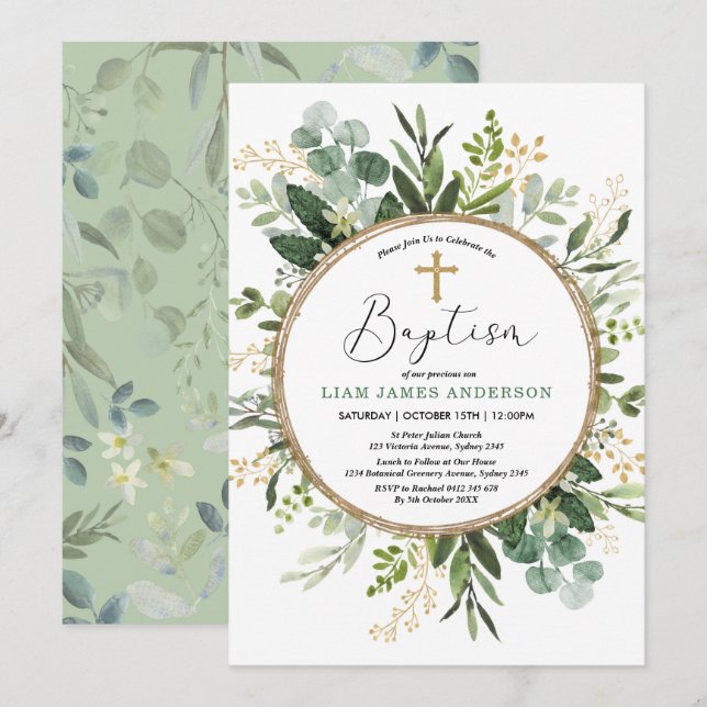 Soft Green Gold Greenery Foliage Baptism Invitation (Front/Back)