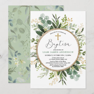 Soft Green Gold Greenery Foliage Baptism Invitation