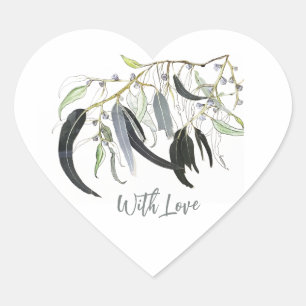 Soft green gum leaf watercolour with love heart sticker