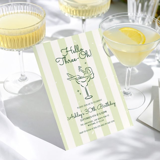 Soft Green Hand Drawn Cocktail Glass 30th Birthday Invitation (Creator Uploaded)