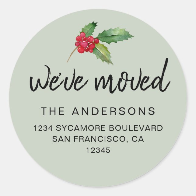 Soft Green Holly We’ve Moved Address Classic Round Sticker (Front)