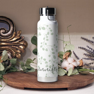 Soft Green Leaf Floral Modern Add Name Water Bottle