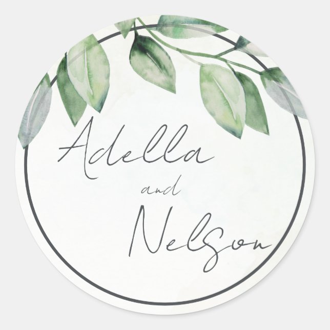 Soft Green Leaves Wedding  Classic Round Sticker (Front)