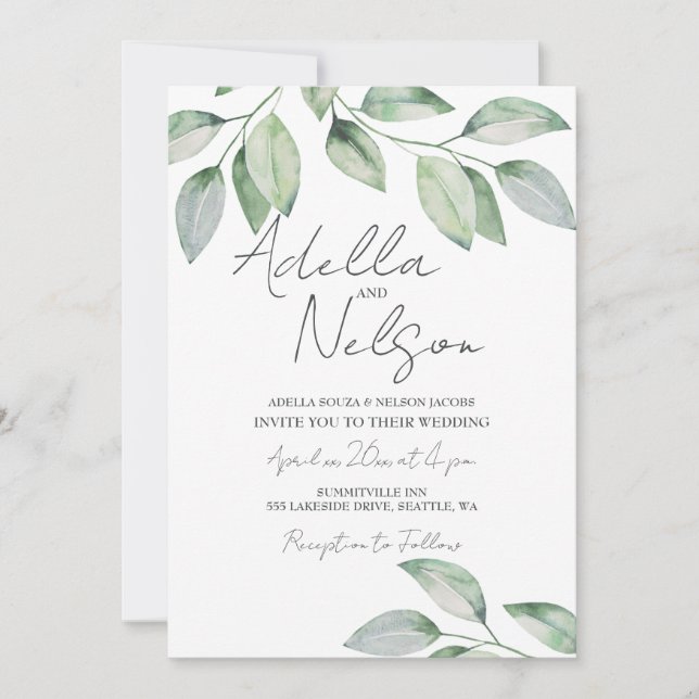 Soft Green Leaves Wedding  Invitation (Front)