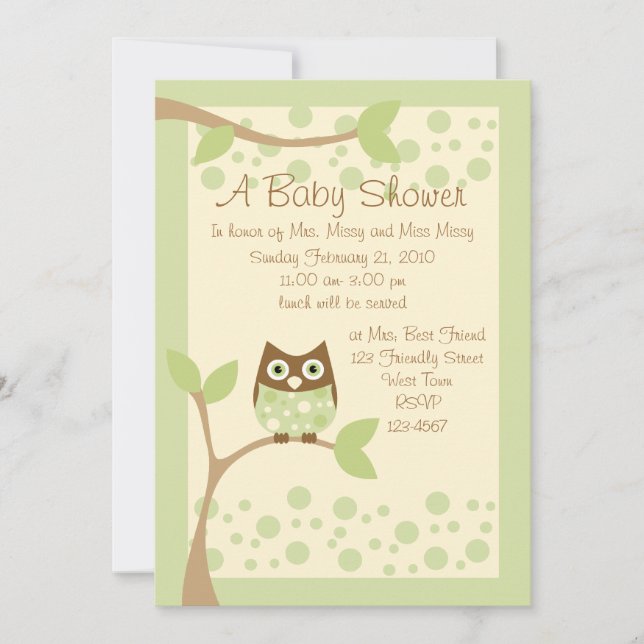 Soft Green Owl Baby Shower Invitation (Front)