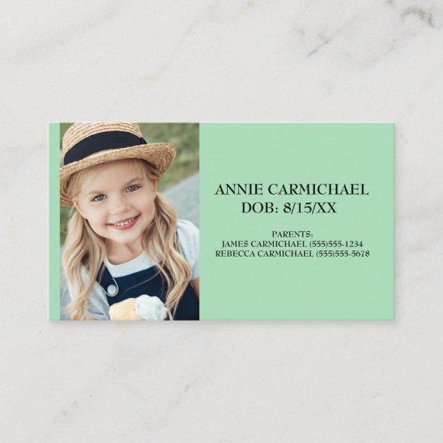 Soft Green Personalised Child Food Allergy Alert Business Card (Front)