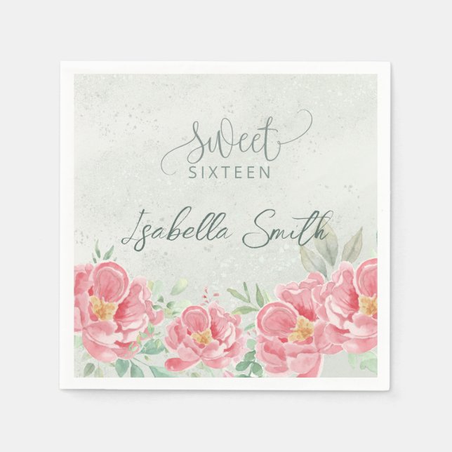 Soft Green & Pink Floral Sweet Sixteen  Napkin (Front)