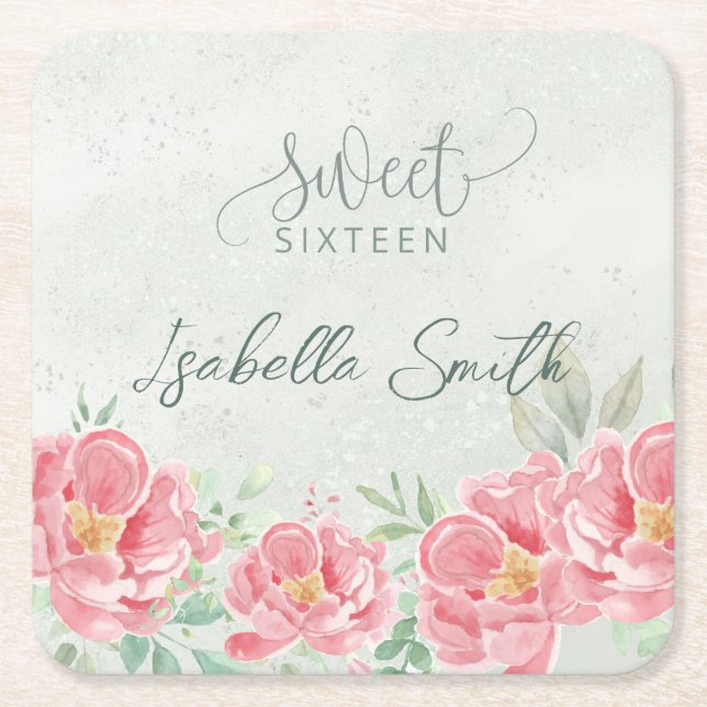 Soft Green & Pink Floral Sweet Sixteen  Square Paper Coaster (Front)