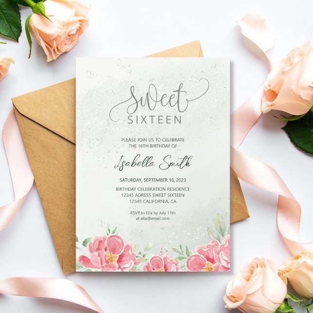 Soft Green & Pink Glitter Floral Sweet 16 Birthday Invitation (Creator Uploaded)