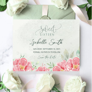 Soft Green & Pink Glitter Floral Sweet 16 Birthday Save The Date