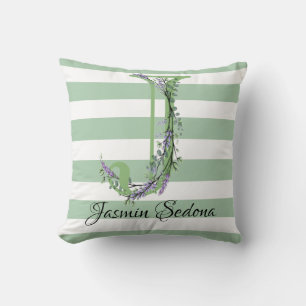 Soft green strips monogram lavender greenery cushion