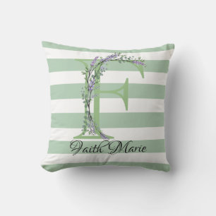 Soft green strips monogram lavender greenery cushion