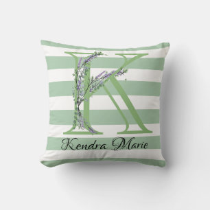 Soft green strips monogram lavender greenery cushion