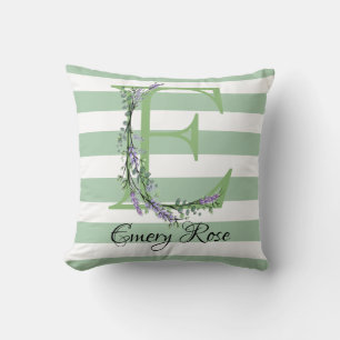 Soft green strips monogram lavender greenery cushion