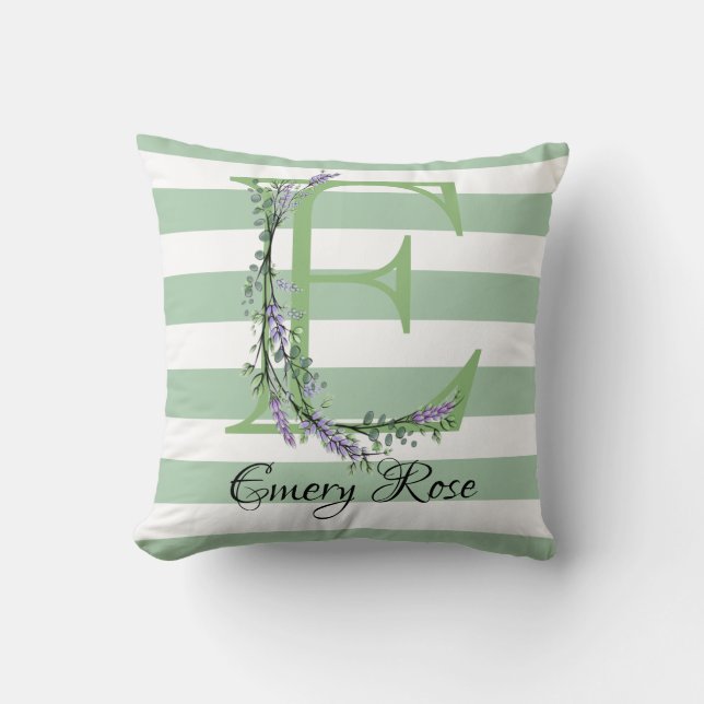 Soft green strips monogram lavender greenery cushion (Front)
