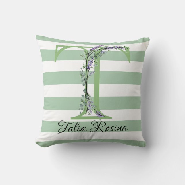 Soft green strips monogram lavender greenery cushion (Front)