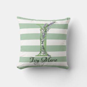 Soft green strips monogram lavender greenery cushion