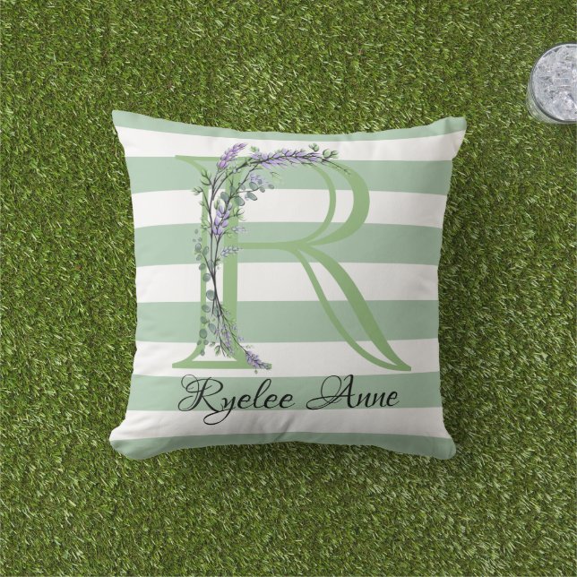 Soft green strips monogram lavender greenery cushion (Grass)
