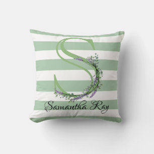 Soft green strips monogram lavender greenery cushion