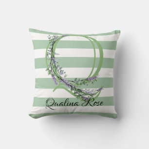 Soft green strips monogram lavender greenery cushion
