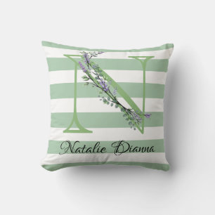 Soft green strips monogram lavender greenery cushion