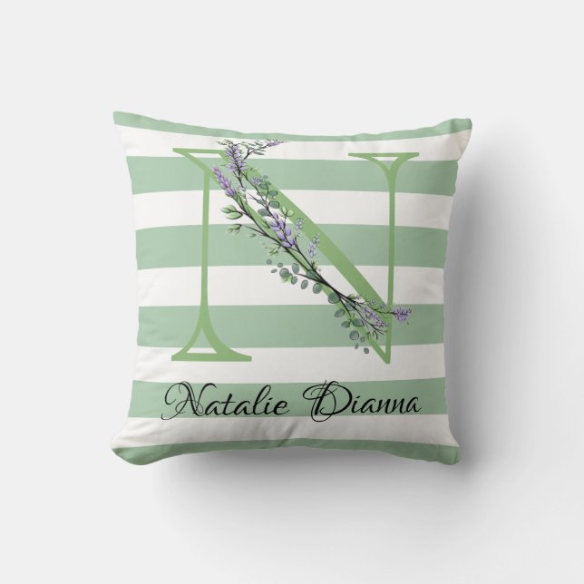 Soft green strips monogram lavender greenery cushion (Front)