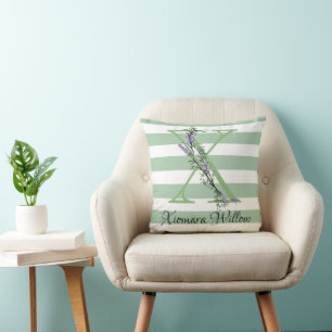 Soft green strips monogram lavender greenery cushion