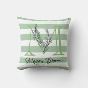 Soft green strips monogram lavender greenery cushion