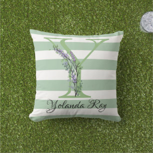 Soft green strips monogram lavender greenery throw cushion