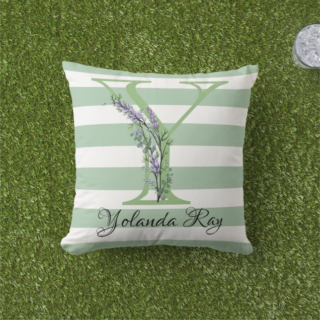 Soft green strips monogram lavender greenery throw cushion (Grass)