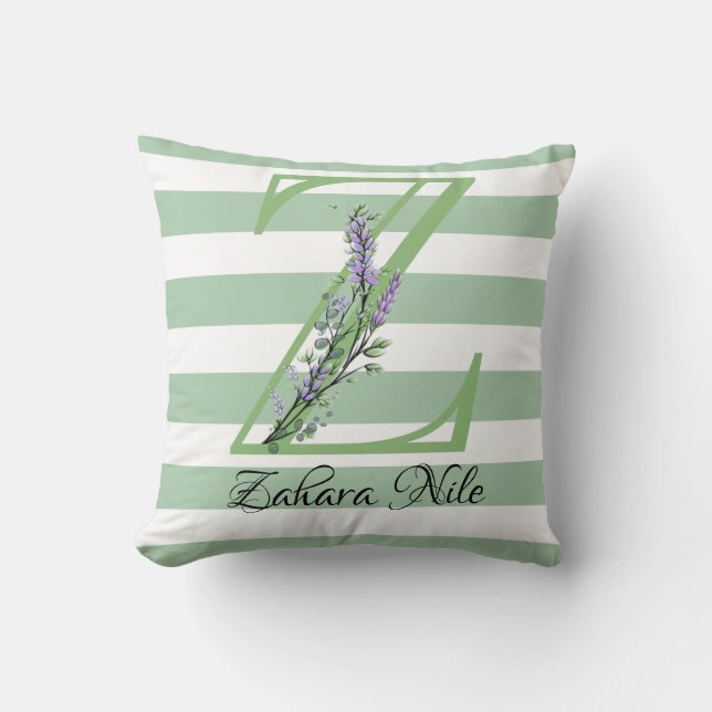 Soft green strips monogram lavender greenery throw cushion (Front)