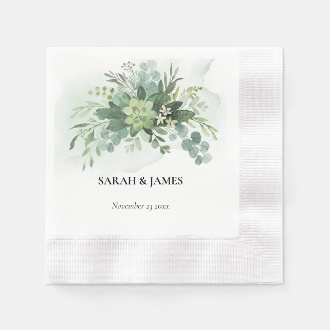 Soft green Succulent Wedding Floral Botanical  Napkin (Front)
