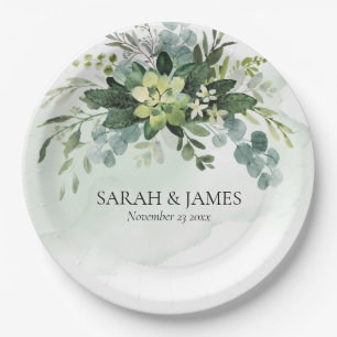Soft Green Succulent Wedding Floral Botanical Paper Plate