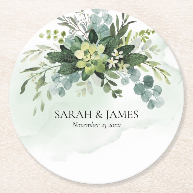 Soft Green Succulent Wedding Floral Botanical Round Paper Coaster (Front)