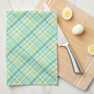 Soft Green, Teal, Blue, Yellow & White Plaid Tea Towel