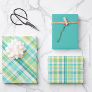 Soft Green, Teal, Blue, Yellow & White Plaid Wrapping Paper Sheet