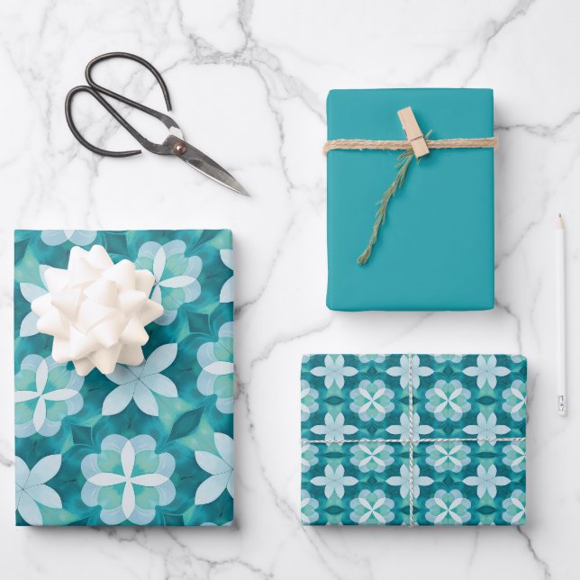 Soft Green, Teal & White Tile Pattern Wrapping Paper Sheet (Front)
