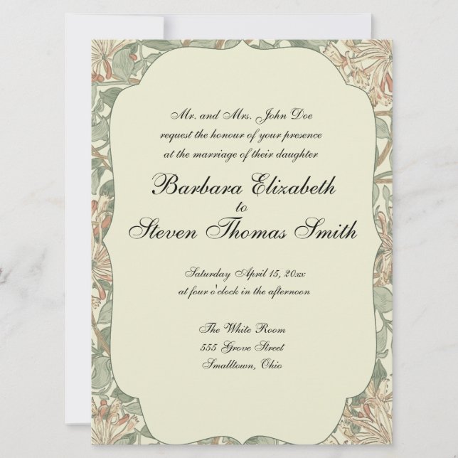 Soft Green Vintage William Morris Honeysuckle Invitation (Front)