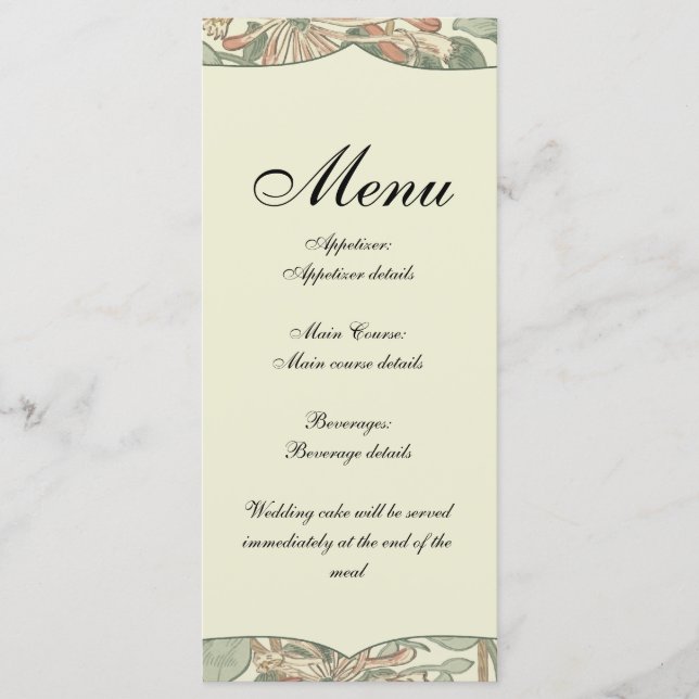 Soft Green Vintage William Morris Honeysuckle Menu (Front)