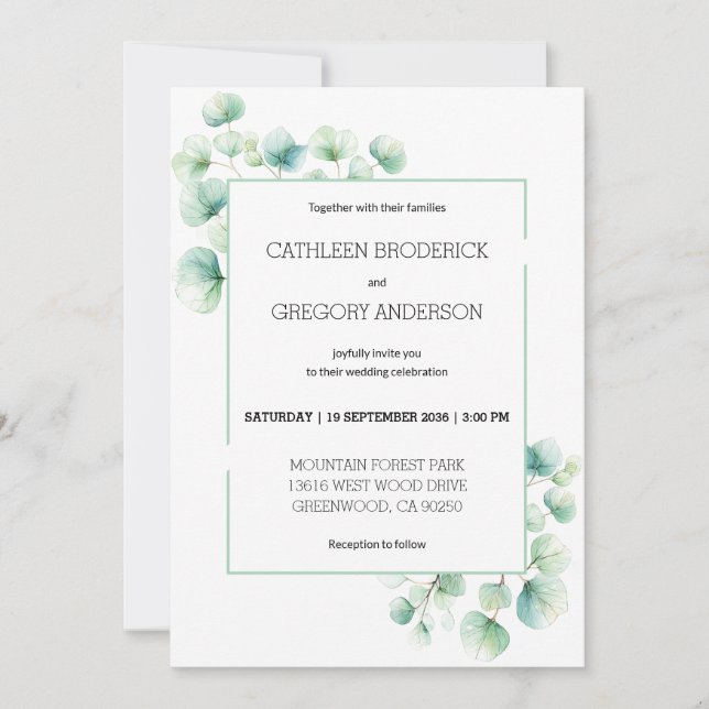 Soft Green Watercolor Eucalyptus Leaves Wedding Invitation (Front)