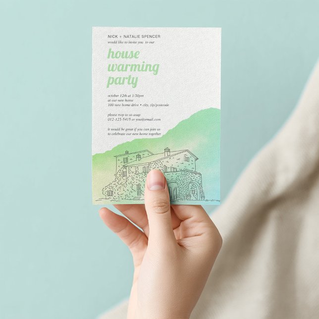 Soft green watercolor House warming party Invitation (Green watercolor housewarming card with hand-drawn home illustration.)
