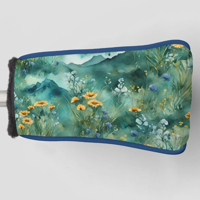 Soft Green watercolor landscape wildflowers Golf Head Cover (Front)