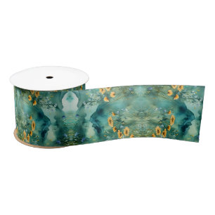 Soft Green watercolor landscape wildflowers Satin Ribbon