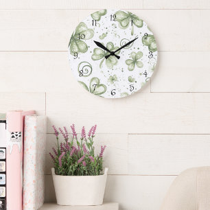 Soft Green Watercolor Shamrocks Clovers Large Clock