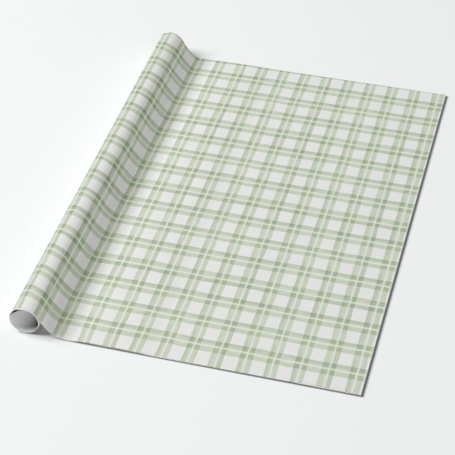 Soft Green White English Country Check Plaid Gift Wrapping Paper (Unrolled)