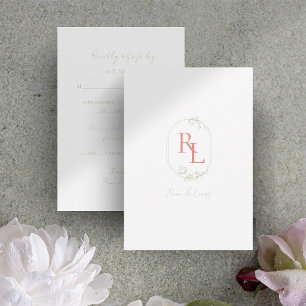 Soft Green & White Floral Coral Monogram Wedding RSVP Card