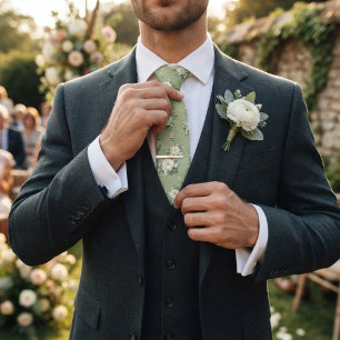 Soft Green White Peony Chintz Bouquet Pattern Tie