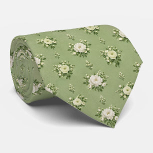 Soft Green White Peony Chintz Bouquet Pattern Tie